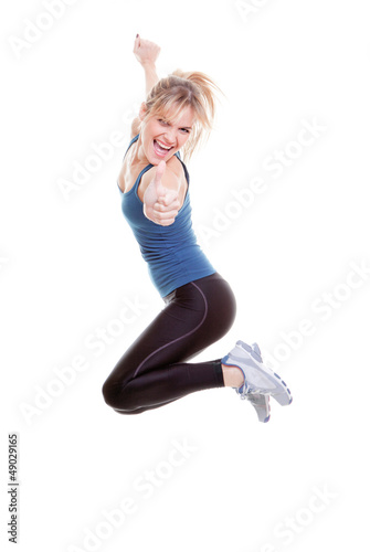 Photo: woman jumping thumb up woman jumping thumb up