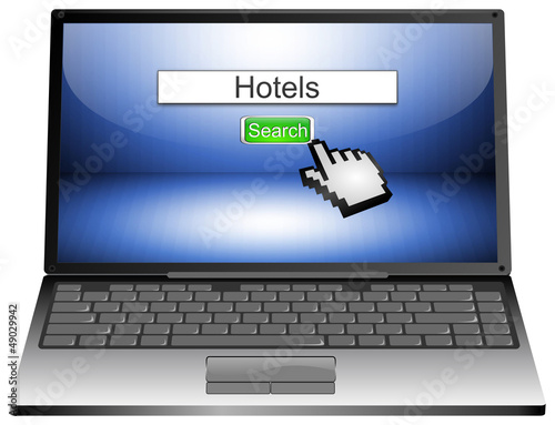 Illustration: Laptop with internet search hotels Laptop with internet search hotels