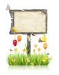 Empty wooden board with Easter motives on white background