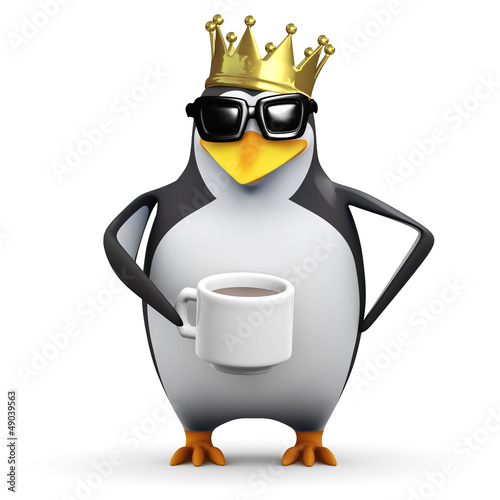Illustration: Penguin in gold crown drinks coffee Penguin in gold crown drinks coffee