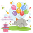 Cute elephant  flying on a balloons.Happy Birthday card