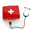 Isolated first aid kit and stethoscope on white background