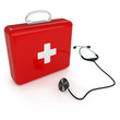 Isolated first aid kit and stethoscope on white background