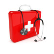 Isolated first aid kit and stethoscope on white background