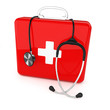 Isolated first aid kit and stethoscope on white background