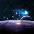 Planets over the nebulae in space