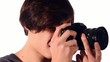 Video: young photographer on white background young photographer on white background