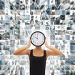 A collage of business images with a woman holding clock