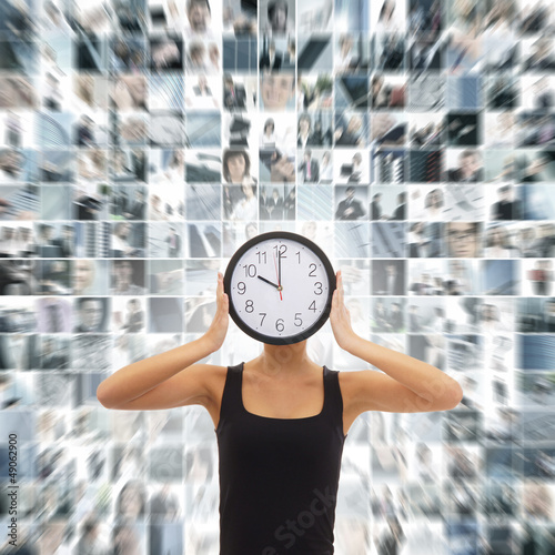 Photo: A collage of business images with a woman holding clock A collage of business images with a woman holding clock