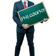 Business man holding board on the background, Philosophy