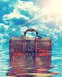 treasure chest in water agaist cloudy sky