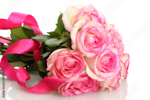Photo: beautiful bouquet of pink roses isolated on white beautiful bouquet of pink roses isolated on white