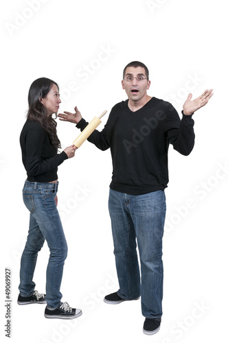 Photo: Woman Chasing man with Rolling Pin Woman Chasing man with Rolling Pin