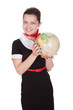 Pretty flight attendant holding a globe