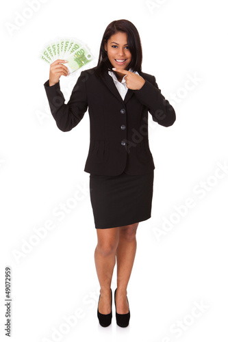 Photo: Happy Businesswoman Holding Euro Note In Hand Happy Businesswoman Holding Euro Note In Hand