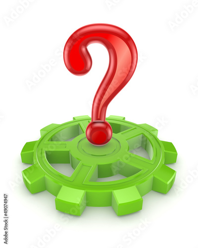Illustration: Red query sign on a green gear. Red query sign on a green gear.