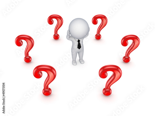Illustration: Query marks around small person. Query marks around small person.
