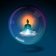 Meditating silhouette sitting in sphere, vector Eps10 image.