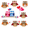 Cute owls for Valentine day. Vector set