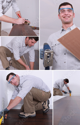 Photo: Montage of a man putting down a wooden floor Montage of a man putting down a wooden floor