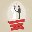 Vintage wedding invitation with bride and groom holding hands