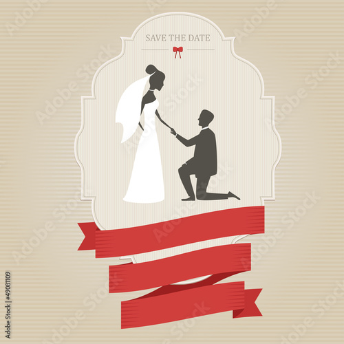 Vector: Vintage wedding invitation with bride and groom holding hands Vintage wedding invitation with bride and groom holding hands