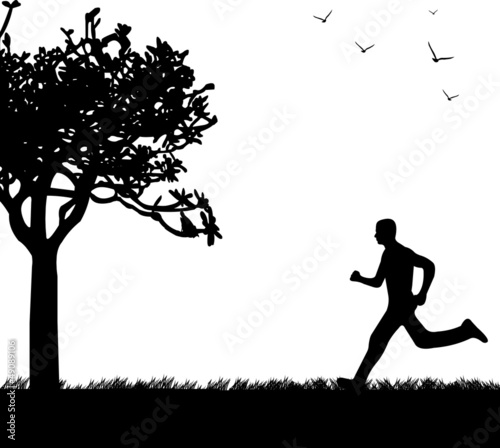Vector: Man running in park in spring silhouette Man running in park in spring silhouette