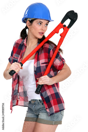 Photo: Woman holding bolt cutters Woman holding bolt cutters