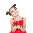 Little girl with strawberry on white background