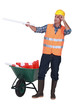Road worker with a barrow full of cones
