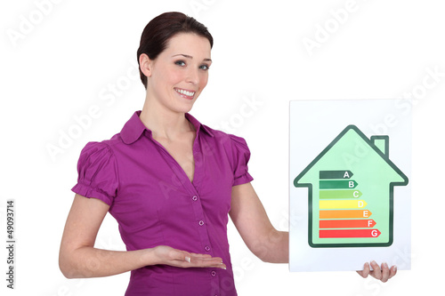Photo: Woman holding energy rating sign Woman holding energy rating sign