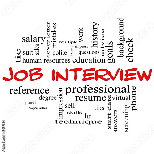 Illustration: Job Interview Word Cloud Concept in Red Caps Job Interview Word Cloud Concept in Red Caps