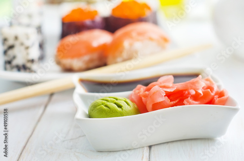 Photo: ginger, vasabi and soy sauce in white bowl ginger, vasabi and soy sauce in white bowl