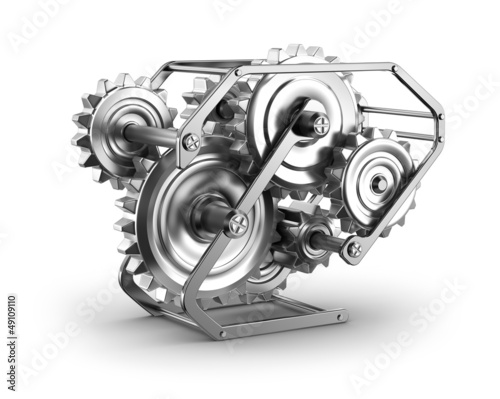 Illustration: Gears and cogs - mechamism in metal frame Gears and cogs - mechamism in metal frame