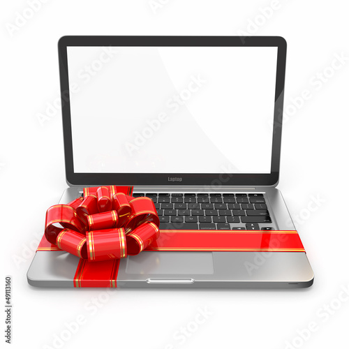 Illustration: Laptop gift. Bow and ribbon on keyboard Laptop gift. Bow and ribbon on keyboard