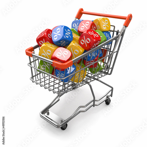 Illustration: Discounts. Shopping cart and cubes with percent Discounts. Shopping cart and cubes with percent