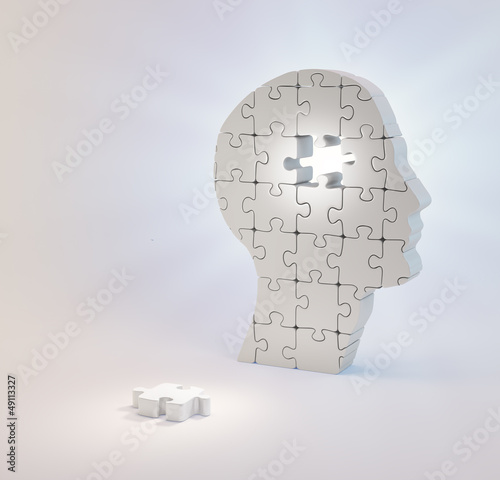 Illustration: A head build out of puzzle pieces missing a single piece A head build out of puzzle pieces missing a single piece
