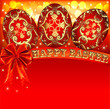 background with Easter eggs and golden bow