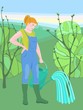 girl in overalls and rubber boots watering tree from a can