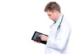 Portrait of cherfull male doctor using digital tablet