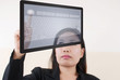 business lady pushing transparent keyboard
