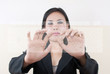 business lady pushing transparent keyboard