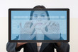 business lady pushing transparent keyboard
