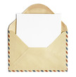 old open air post envelope  with blank paper sheet isolated on w