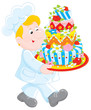 confectioner carrying a decorated holiday cake