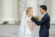 Bride and groom walking together
