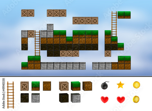 Illustration: Computer arcade game level. Cubes, ladder, icons. Computer arcade game level. Cubes, ladder, icons.