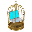 Birdcage with laptop inside