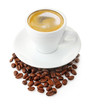 Coffee cup with beans isolated on white