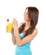 Photo: woman drinking orange juice cocktail with strawberry woman drinking orange juice cocktail with strawberry